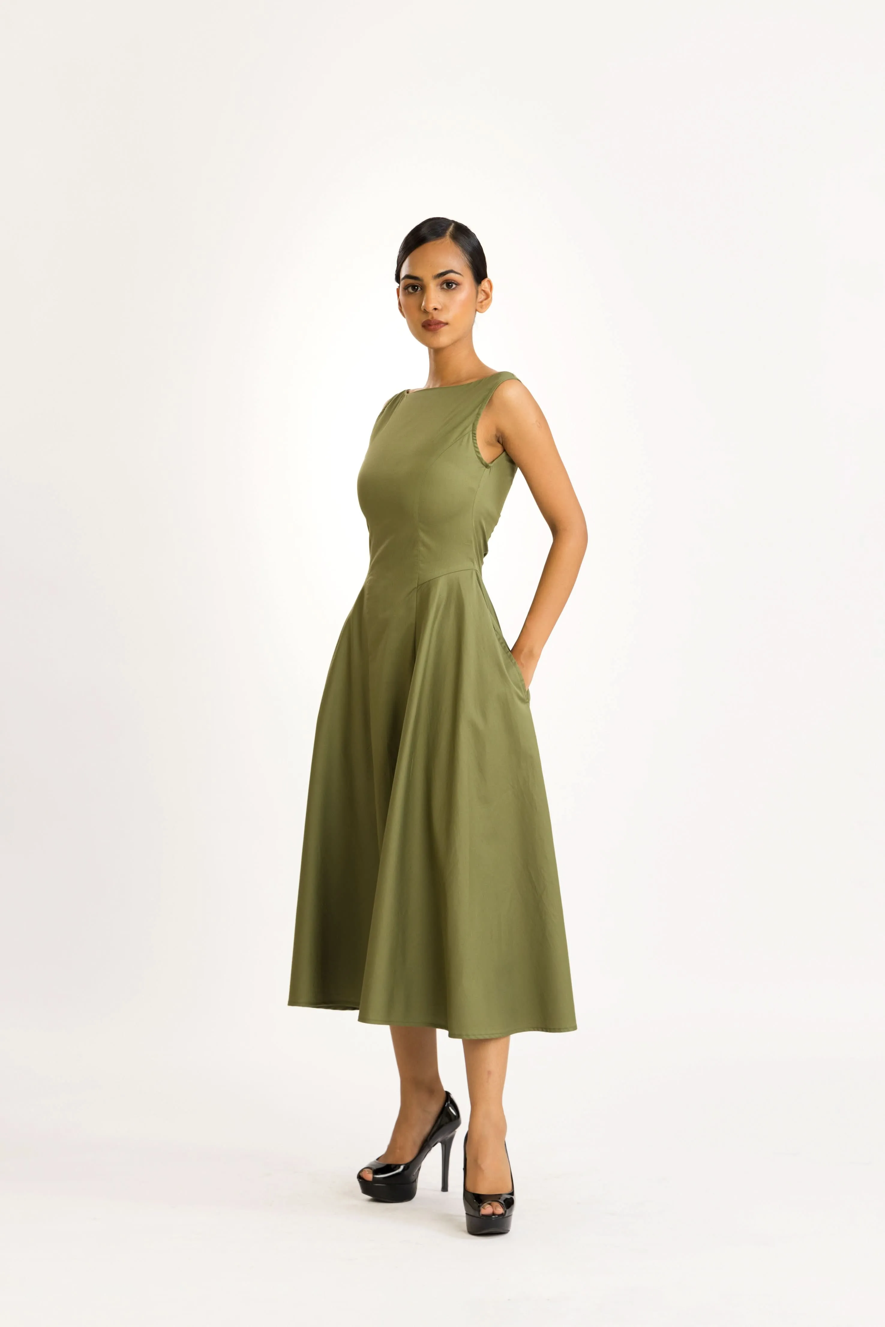 OLIVE SATIN MIDI DRESS