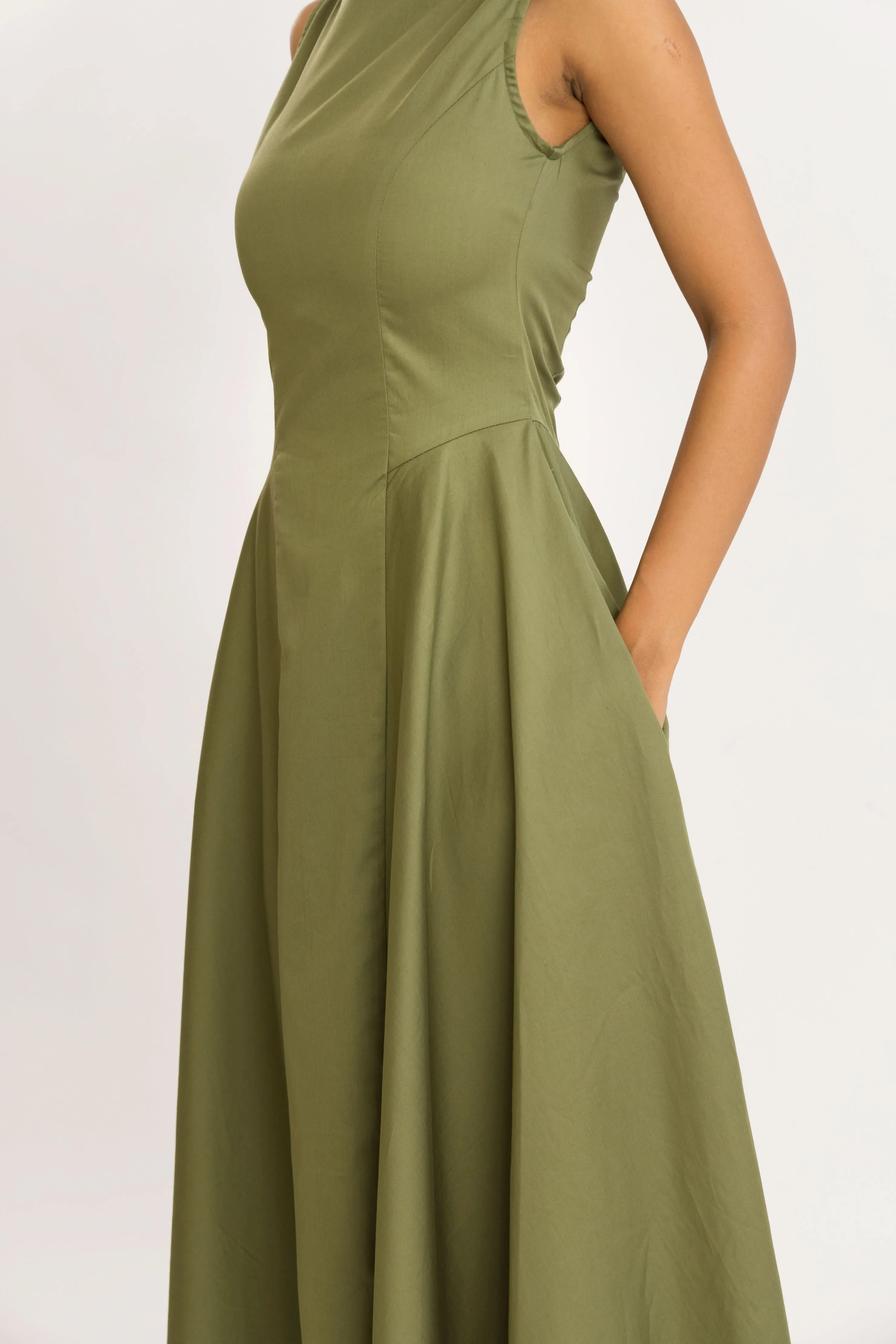 OLIVE SATIN MIDI DRESS