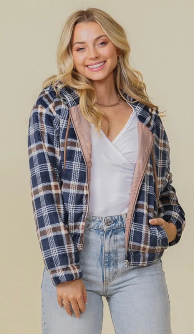 Plush plaid zip up jacket