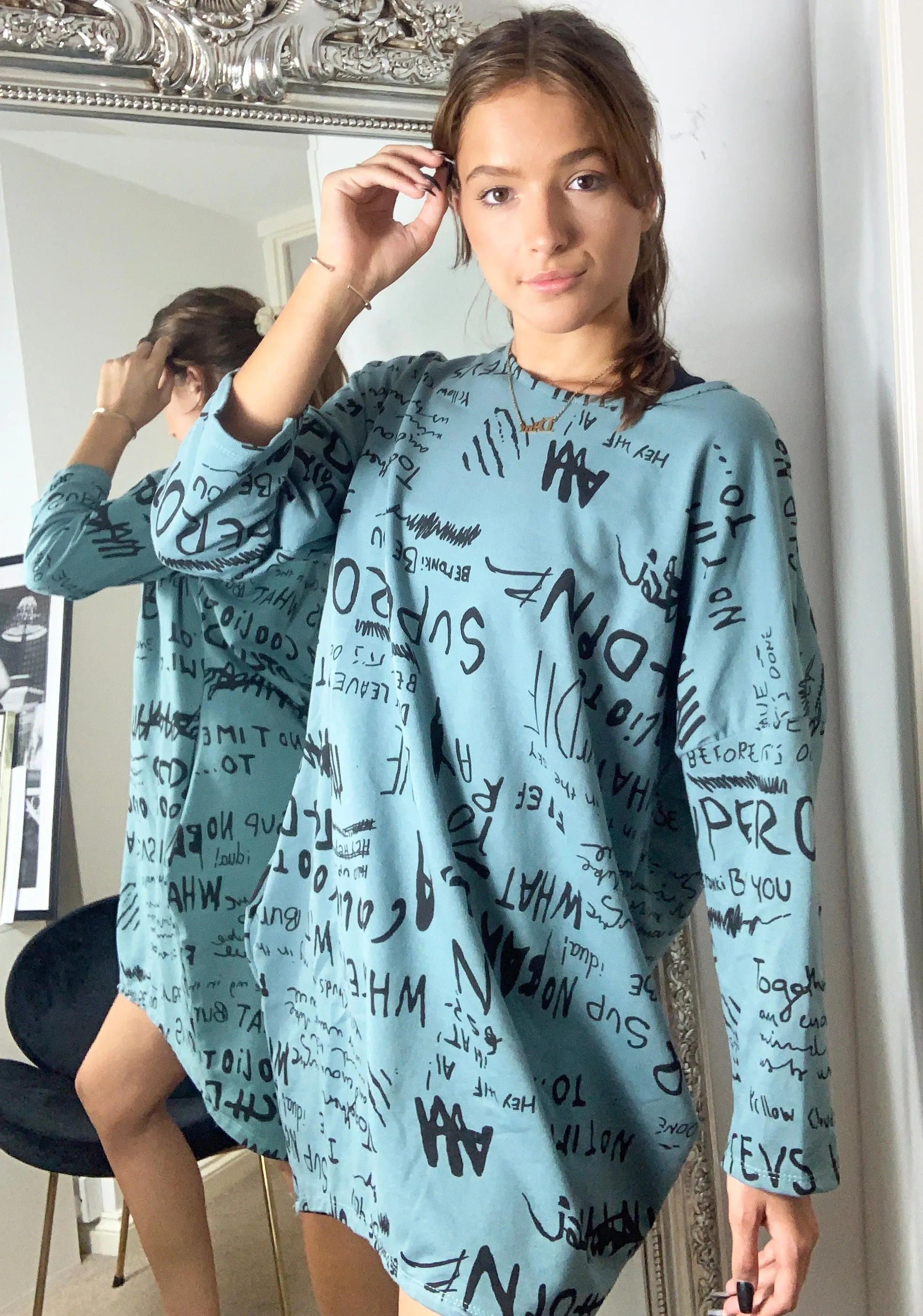 Printed Oversize Loungewear Sweatshirt Dress Teal